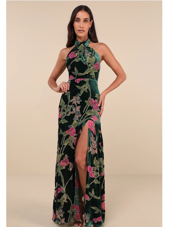 Lulus Dresses & Skirts - Lulus Flawlessly Gorgeous Green Burnout Floral Halter Velvet Maxi Dress Event S